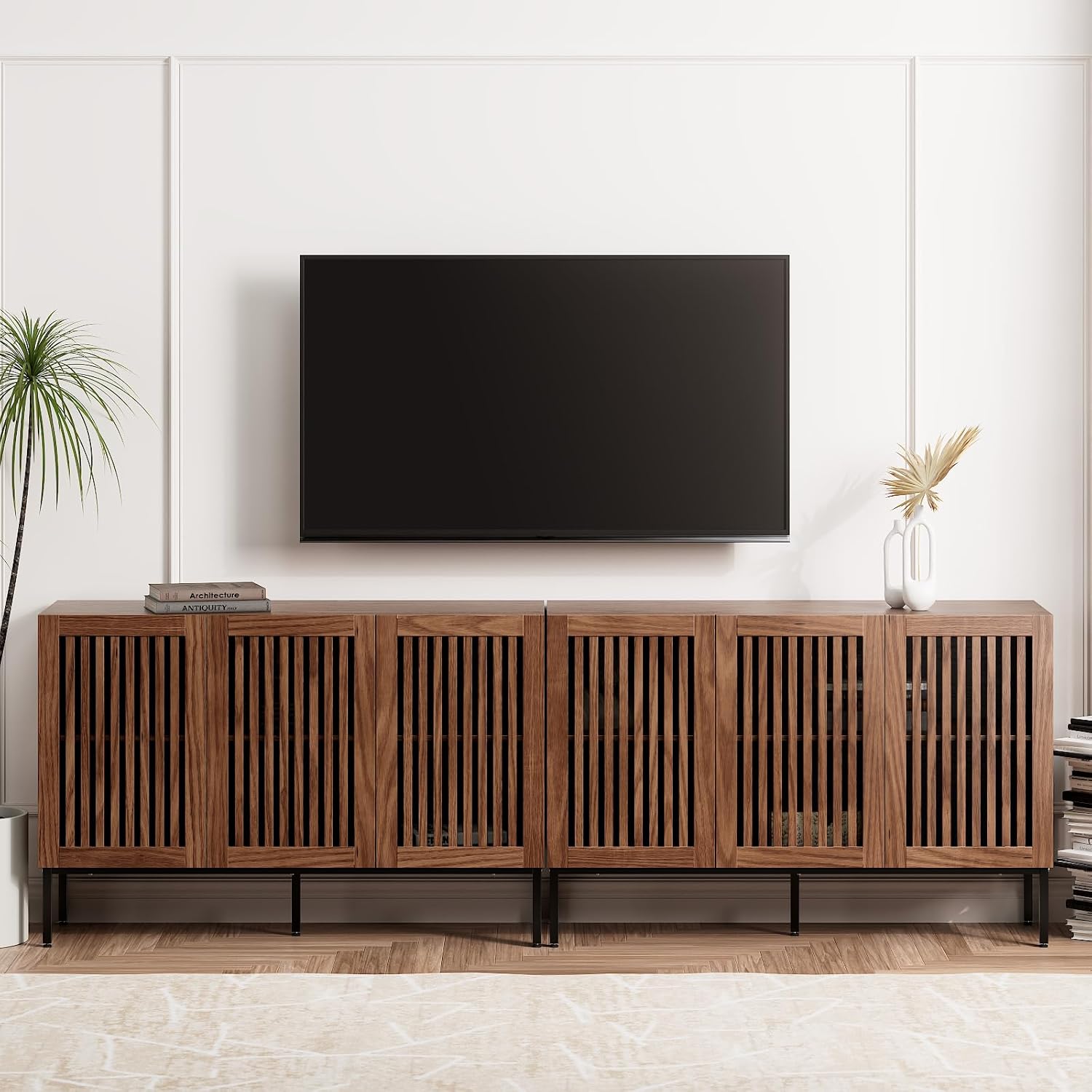 BVIUNTWO Farmhouse TV Stand for TVs up to 100 inch, 2 in 1 Entertainment Center TV Console with Storage Cabinets and Metal Base,Brown Media Console for Living Room