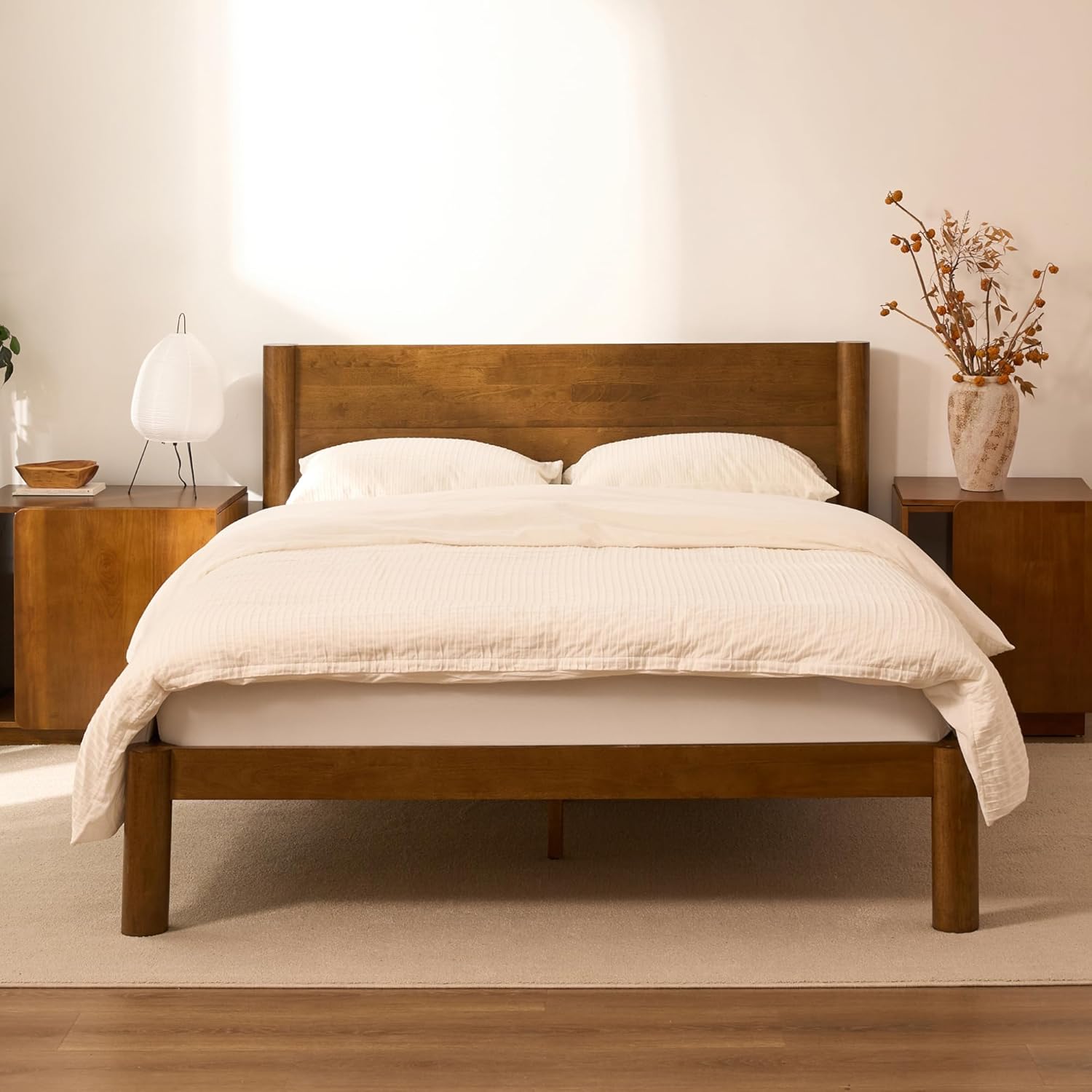 FLEXISPOT Hako G2 Japanese Joinery Bed Frame, Solid Rubberwood Queen Platform Bed with Storage Headboard, IAS&SGS Certified, Japandi Minimalist Style, No Tools Assembly, 10-Year Warranty, Walnut