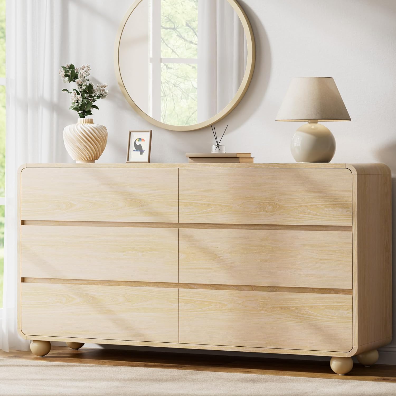 Lulive Wood Dresser for Bedroom, 53” Wide Chest of Drawers with 6 Drawers, Modern Closet Storage Drawer with Curved Profile Design for Living Room, Hallway, Entryway, Natural
