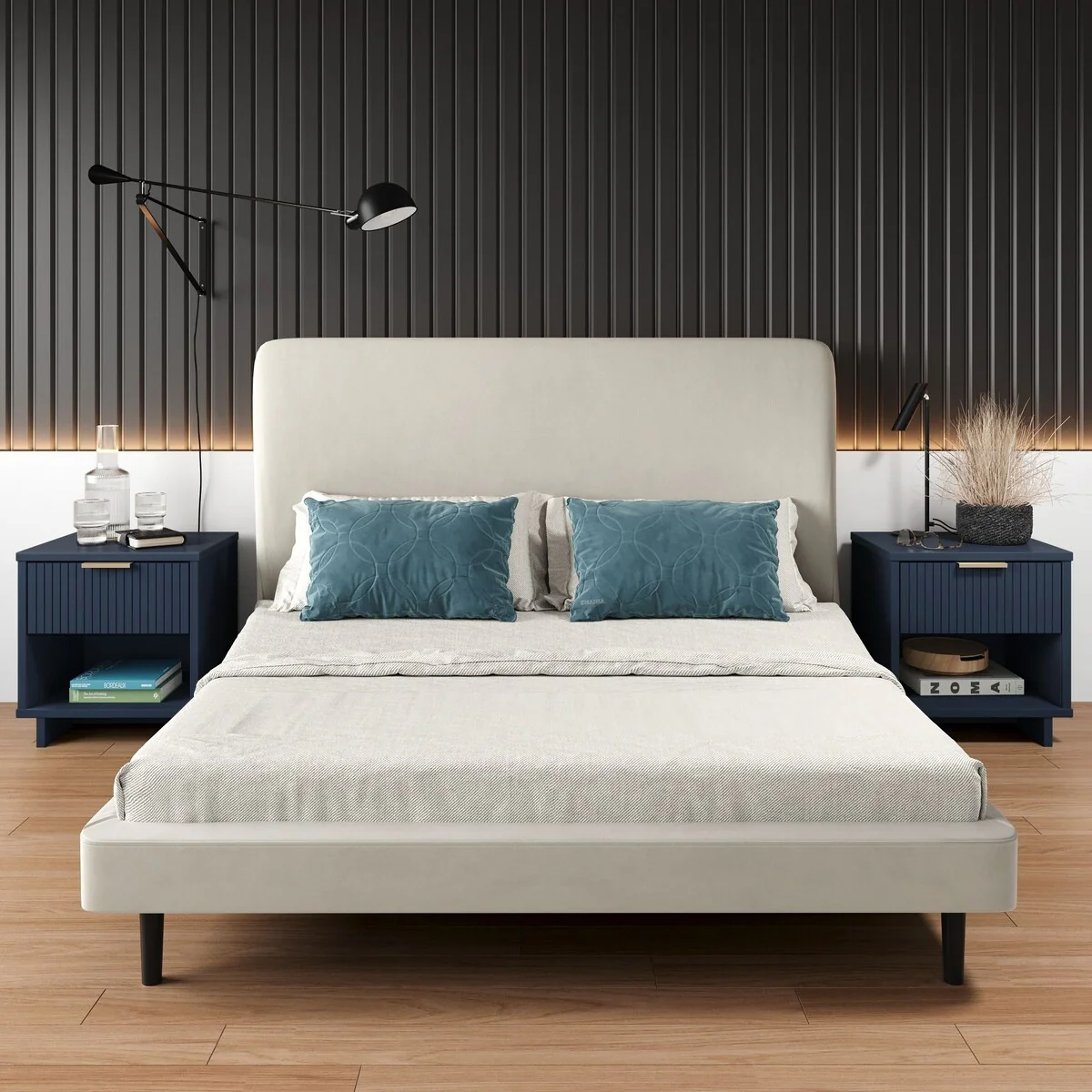 Manhattan Comfort Granville Mid Century Solid Wood 1 Drawer Nightstand Set of 2