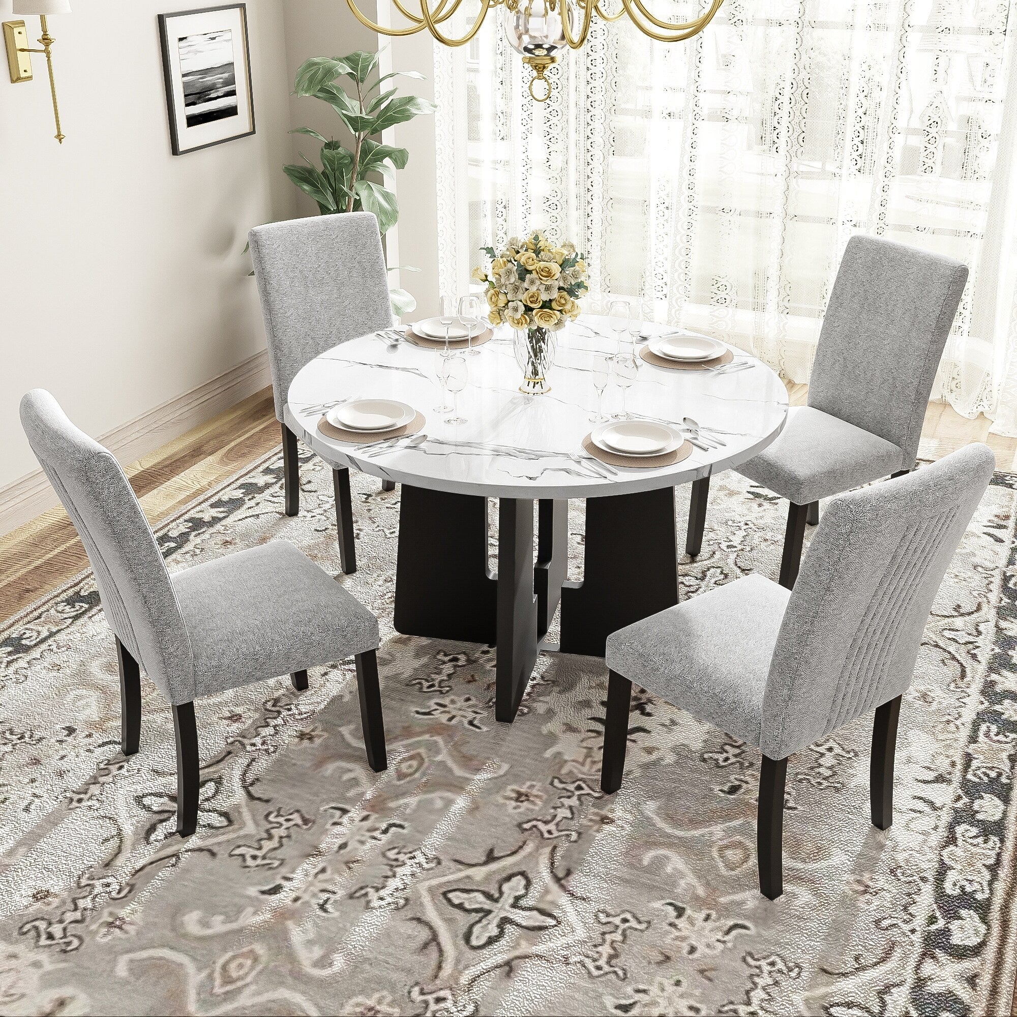 5-Piece Round Dining Table set, Modern Dining Table and 4 Upholstered Chairs