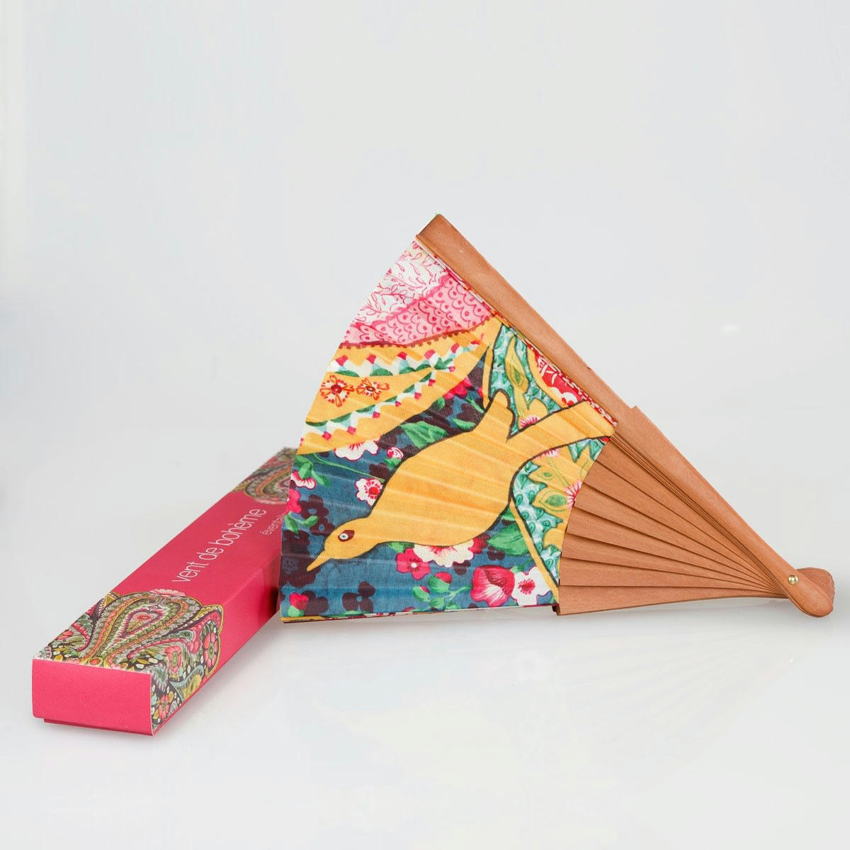 PAJARO - Éventail en bois de merisier et coton imprimé design fleuri