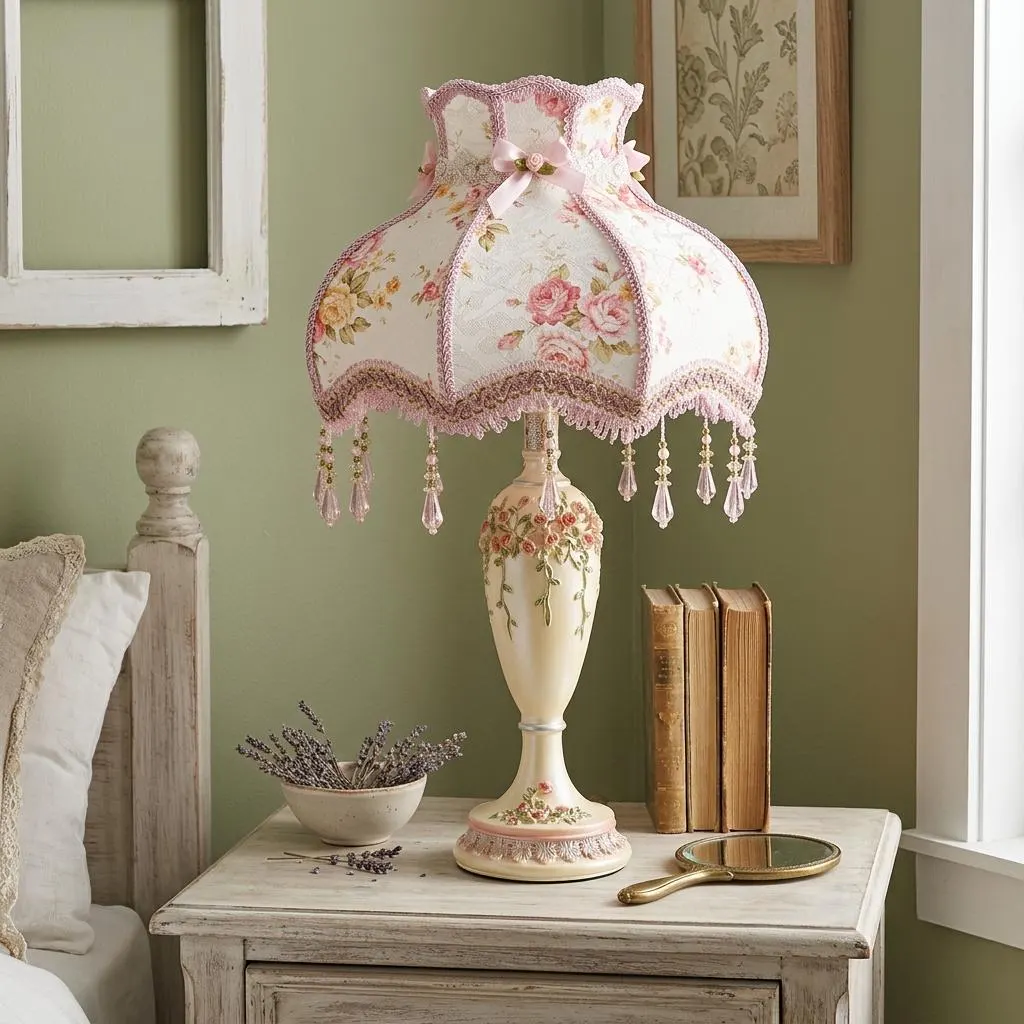 Vintage Shabby Chic Table Lamp, Pink Floral Tassel Lampshade, Ornate Bedside Lamp for Bedroom Cottage Decor
