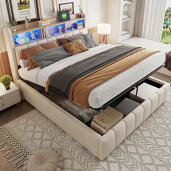Lit adulte avec rangement hydraulique,180x200cm,Tissu lin beige,Tête de lit étagère, éclairage LED   ports USB