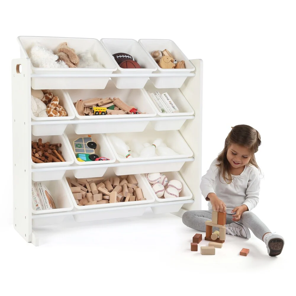 Cambridge Kids Toy Storage Organizer w/ 12 Plastic Bins, White/White