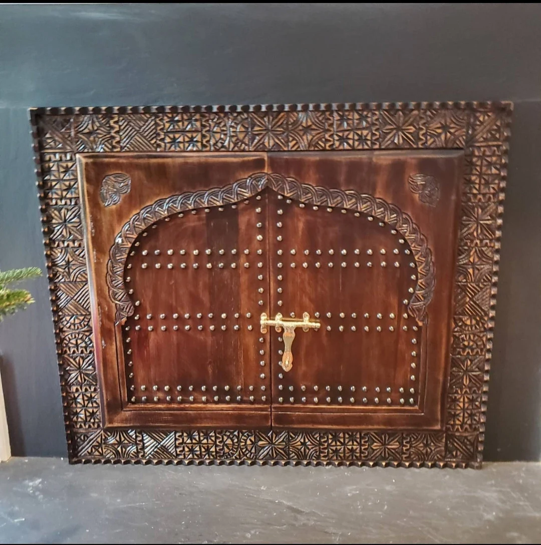 Customized Hand Carved Fireplace Cover With Vintage Style Brass Lock, Moroccan Vintage Style Window, Old Window Frames, Wall Art Wood Cover.