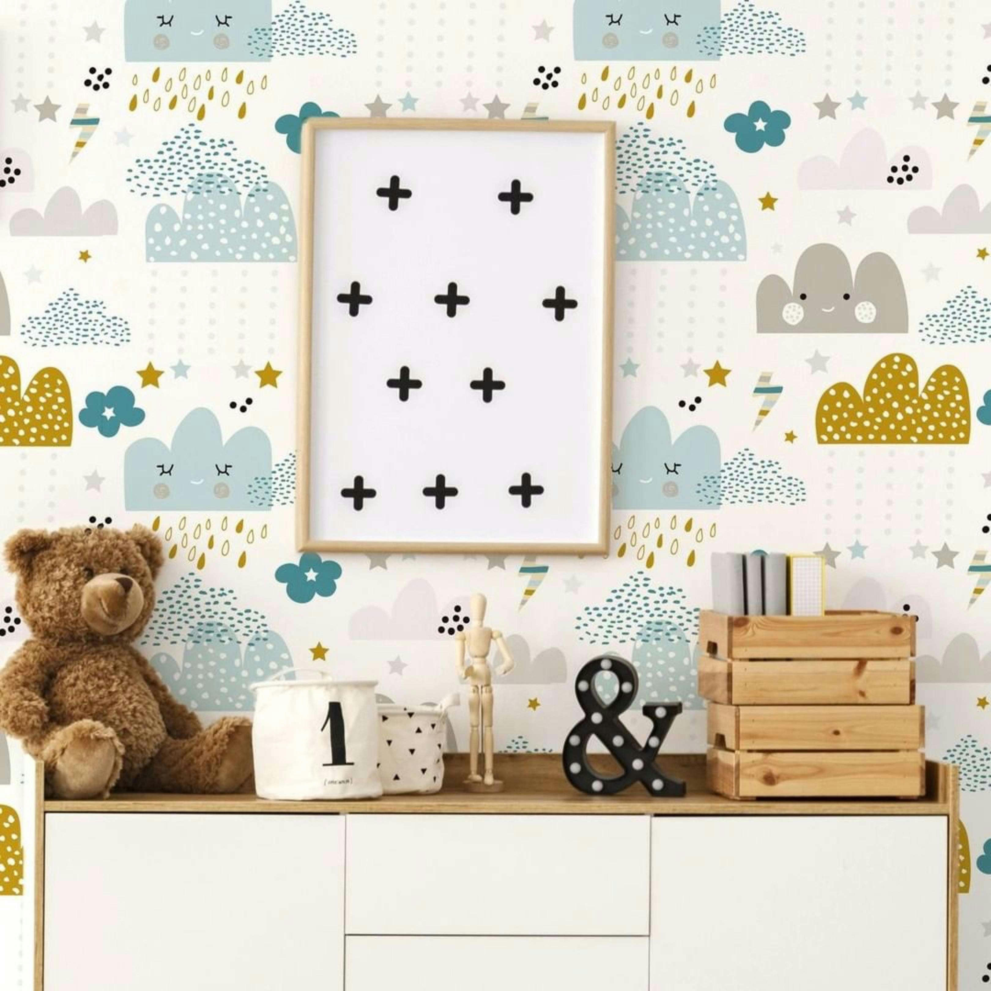 HAPPYCLOUDS - Papier peint vinyle adhésif enfant nuages bleu et moutarde 50x300 cm