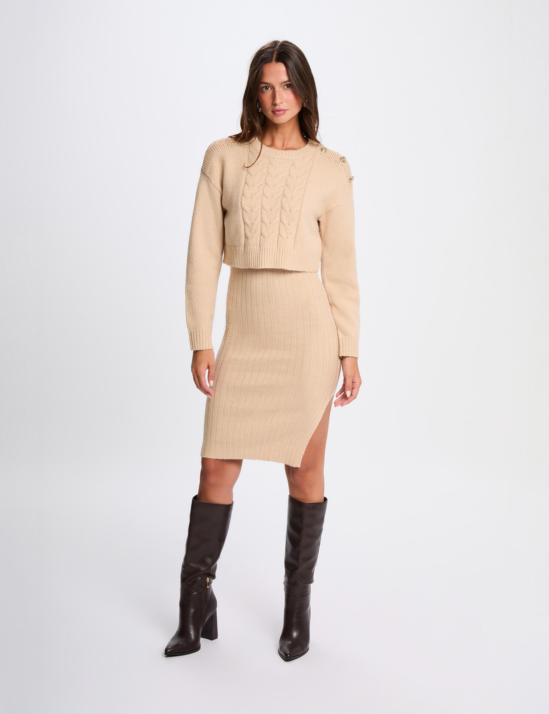 Fitted 2 In 1 Knitted Dress Beige Women