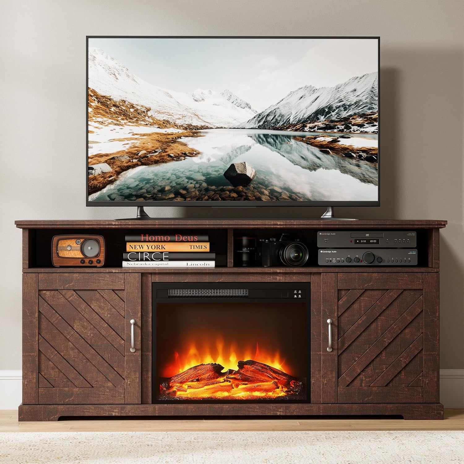Marsail Fireplace TV Stand up to 70 TV with Storage, Farmhouse Entertainment Center with 23 Electric Fireplace, Adjustable Shelves, Remote Control & Cable Management, for Living Room, Brown