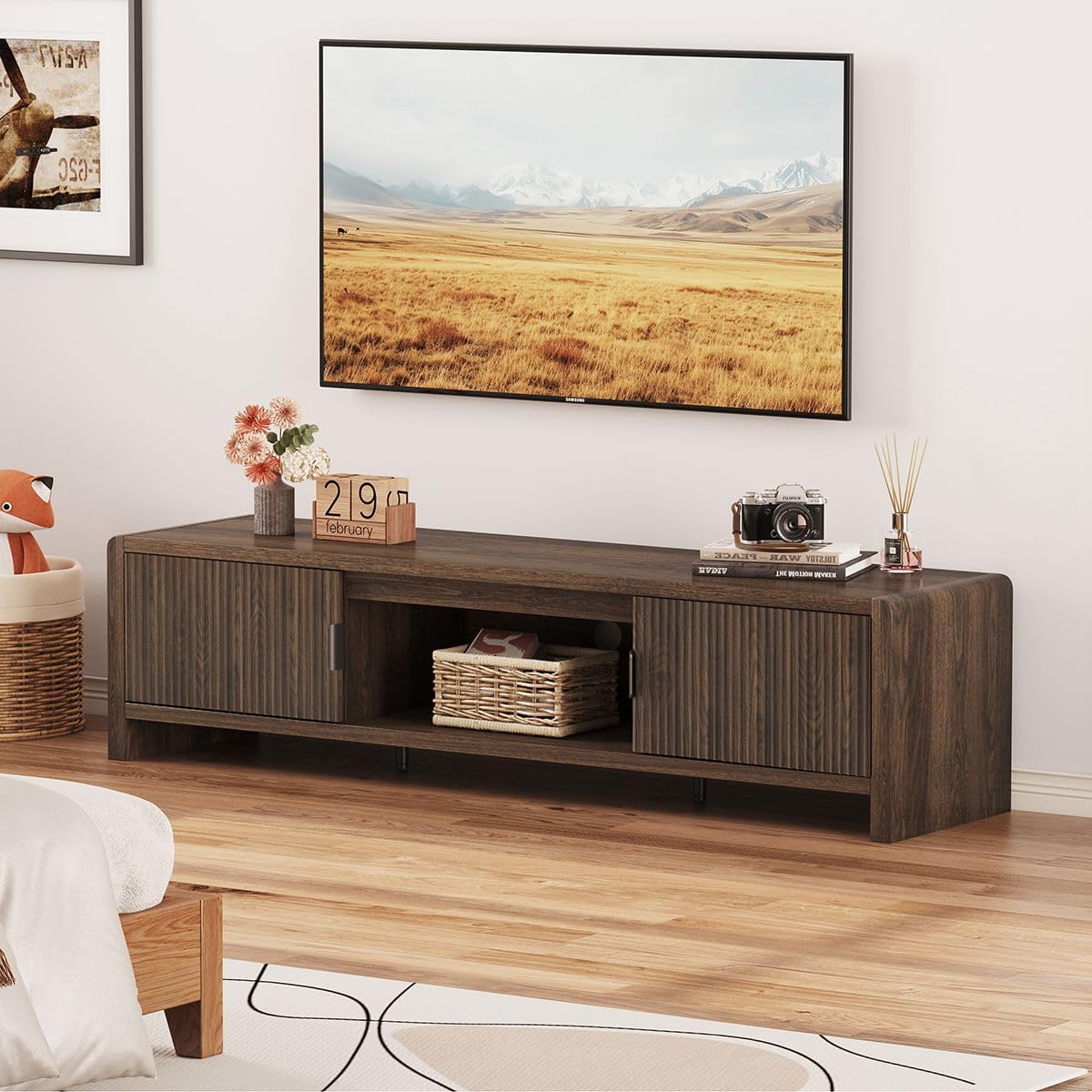 FATORRI TV Stand for 75/65/55 Inch TVs, Mid Century Modern Entertainment Center with Storage, Wood Waveform Fluted-Door Television Media Console for Living Room, Bedroom (63 Inch W, Dark Walnut)