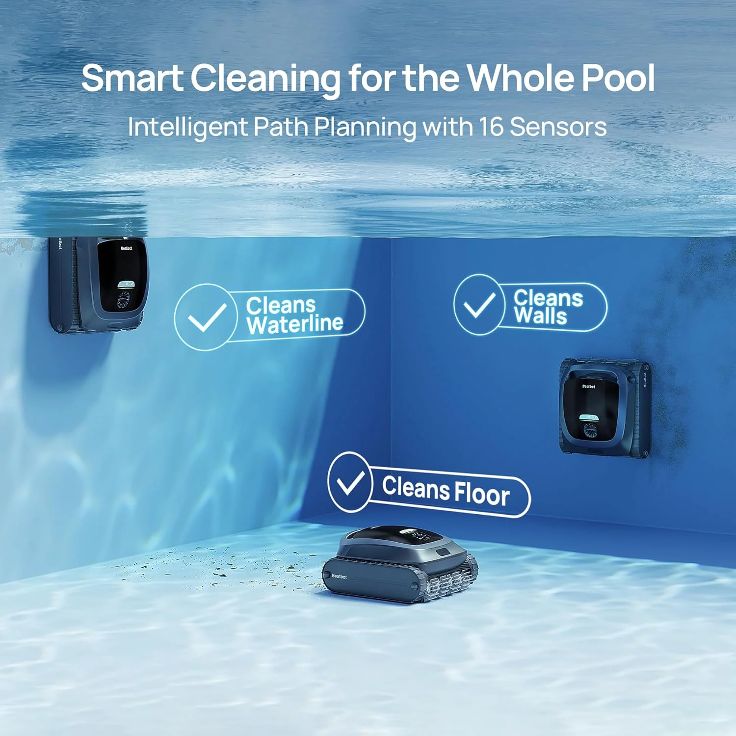 Beatbot AquaSense 2 Cordless Robotic Pool Vacuum Cleaner, Smart Surface Parking, Double-Pass Waterline Scrubbing, Cleans Floor, Walls, and Waterline, Above  In-Ground Pools up to 3,230 sq.ft - Blue(Blue)