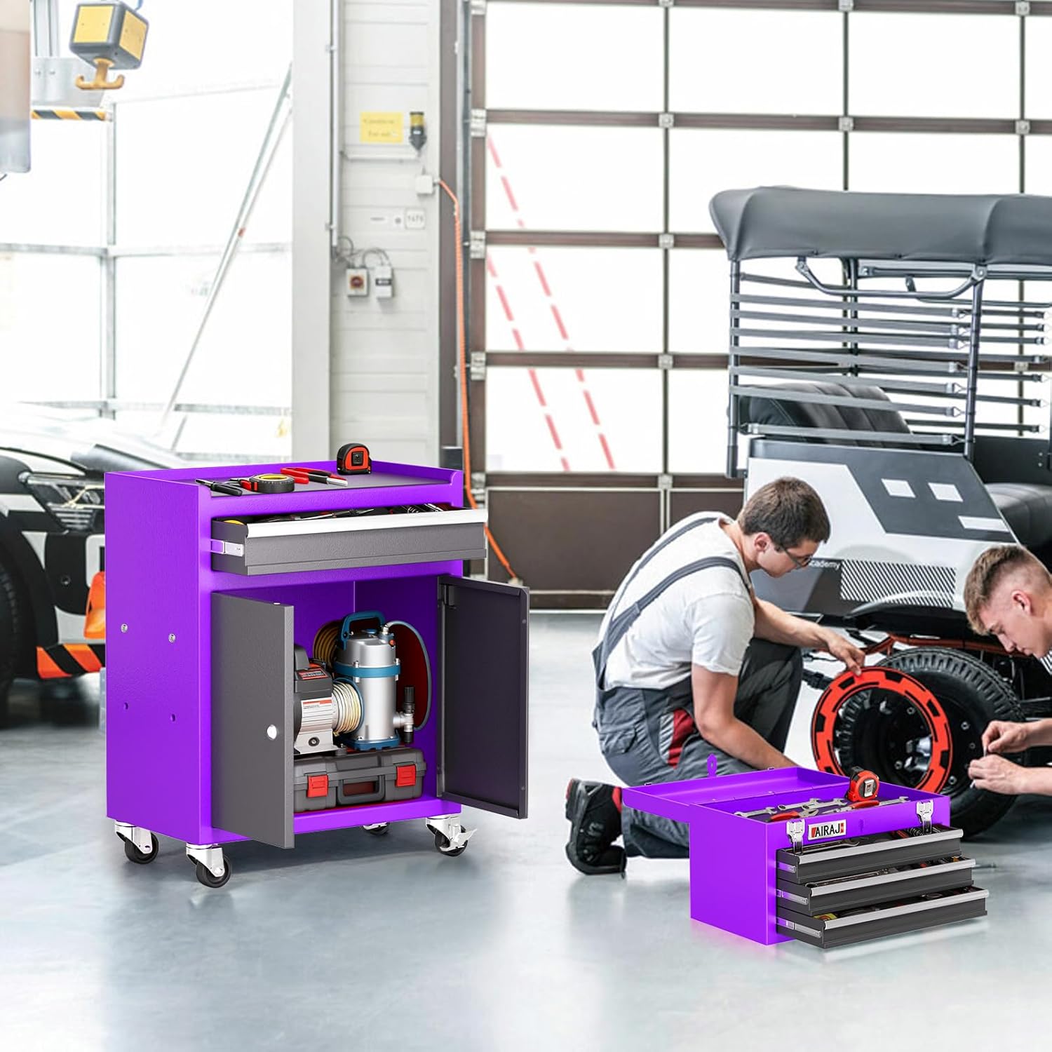 AIRAJ Rolling Tool Chest,4 Drawers Tool Chest with 4 Swivel Casters,Large-Capacity Detachable Tool Cabinet with Lock and Double Doors,Suitable for Work Shops,Warehouse and Garage,Purple