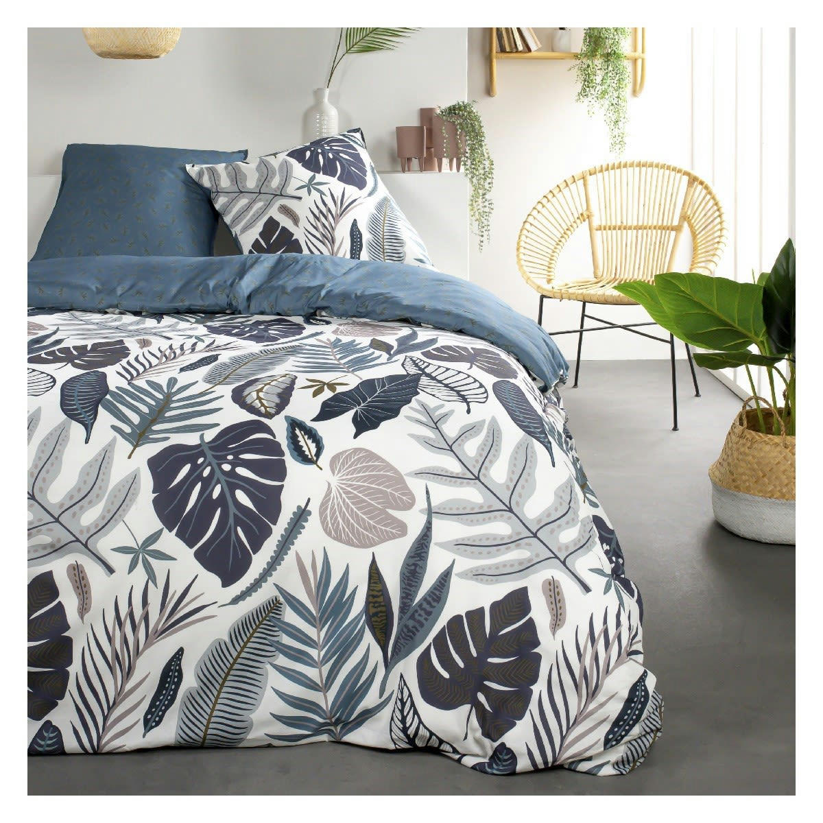 SUNSHINE - Parure de lit 2 personnes imprimé floral en Coton Bleu 220x240 cm