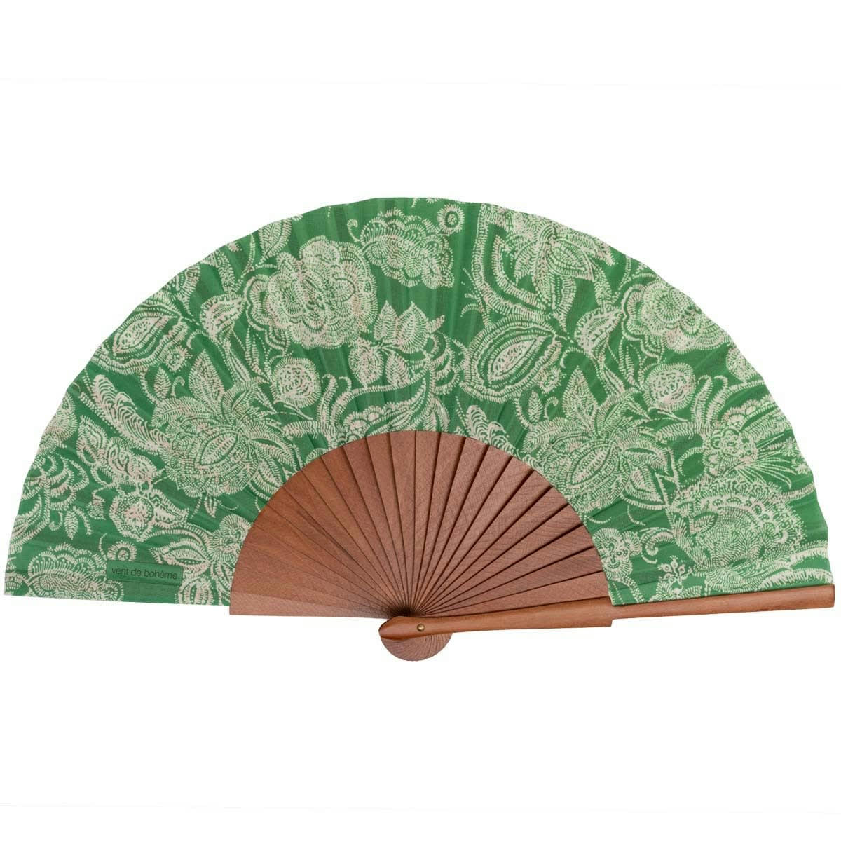 - Éventail en bois de merisier et coton imprimé fleuri vert