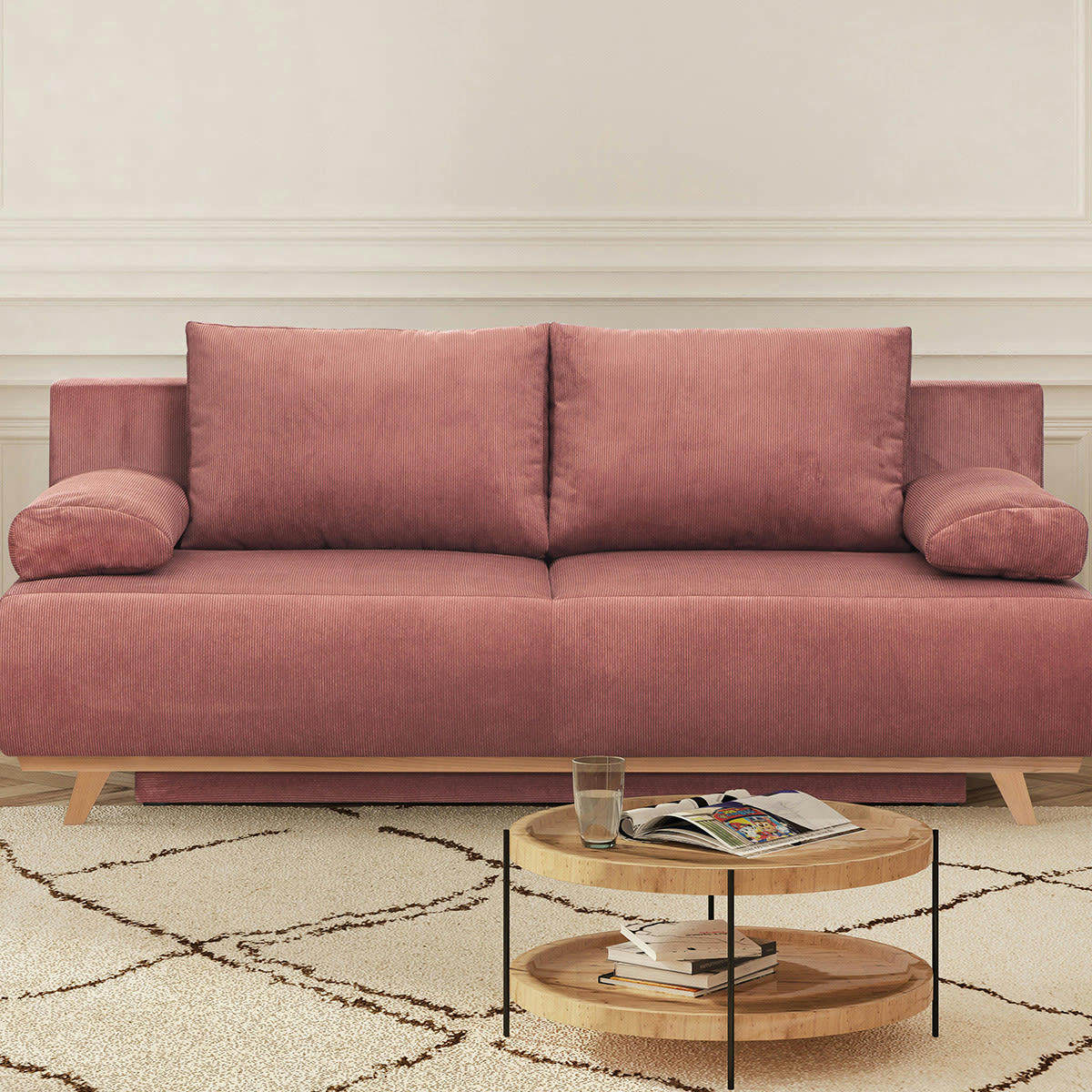 LARIA - Canapé convertible 3 places en velours fines côtes terracotta