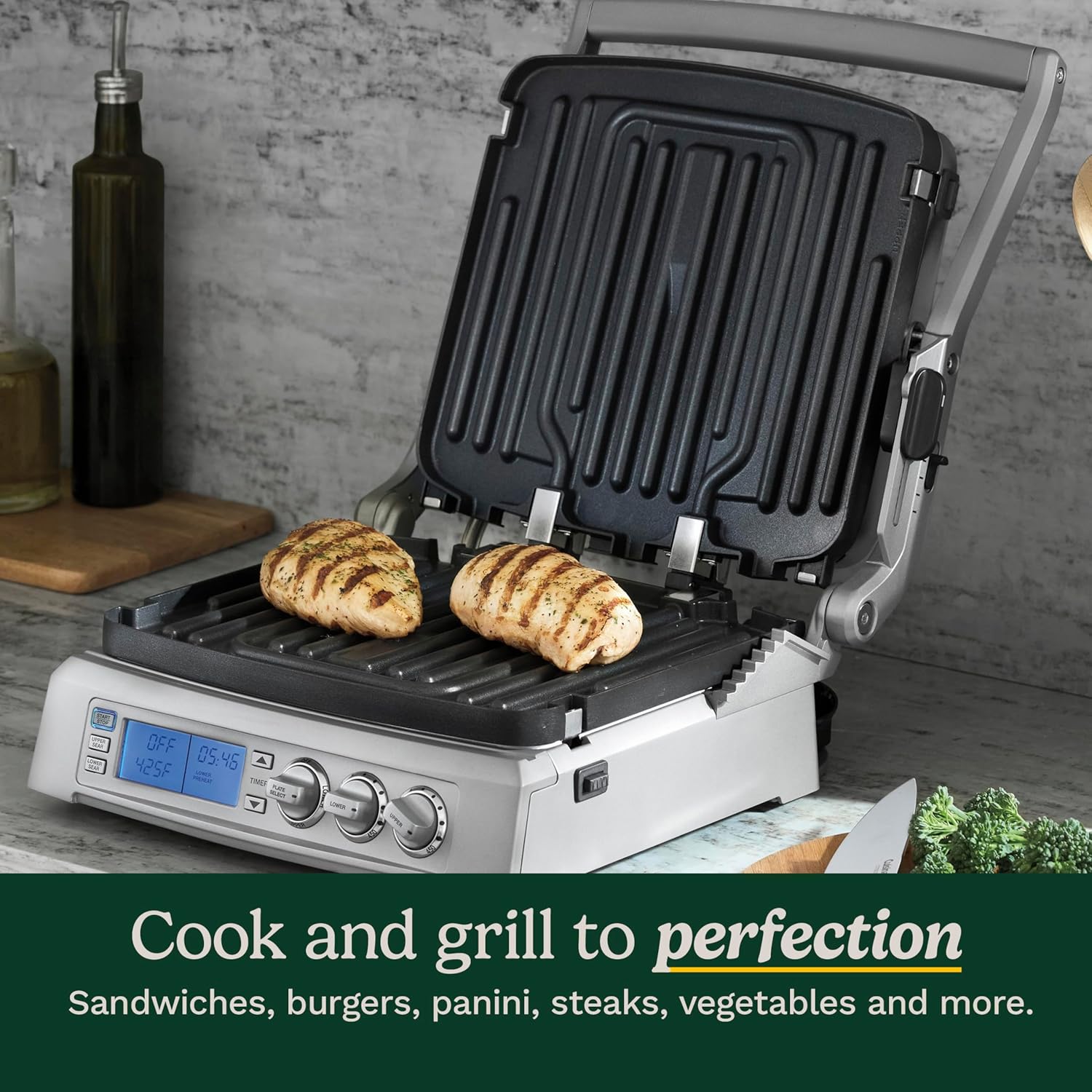 Cuisinart 6-in-1 Elite Griddler, Electric Grill, Griddle & Top Melt, 500°F Temperature Sear Function, LCD Screen, Dishwasher-Safe Cooking Plates, GR-300WSP1, Stainless Steel