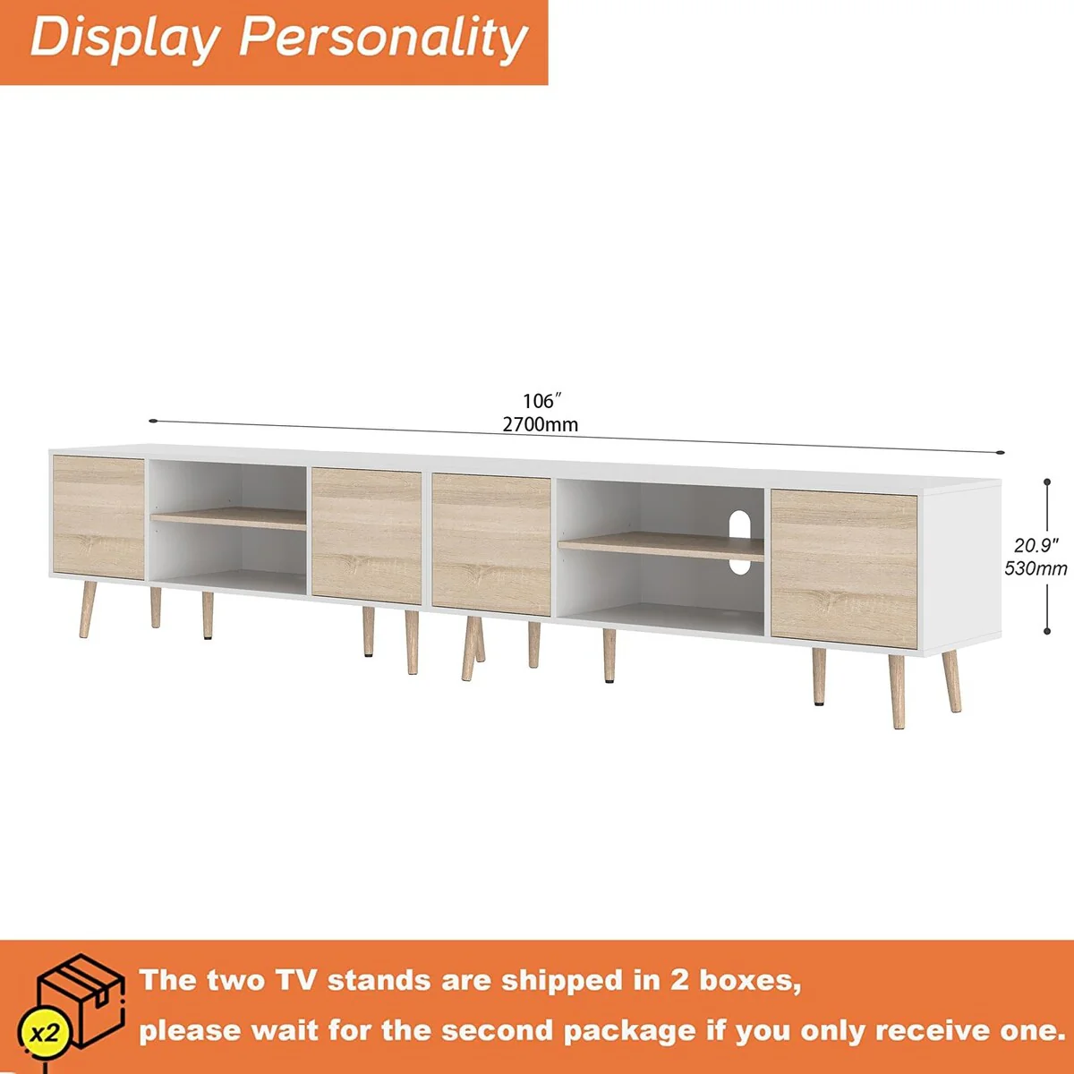 Mid Century Modern TV Stand for up to 100 inch 2 in 1,White