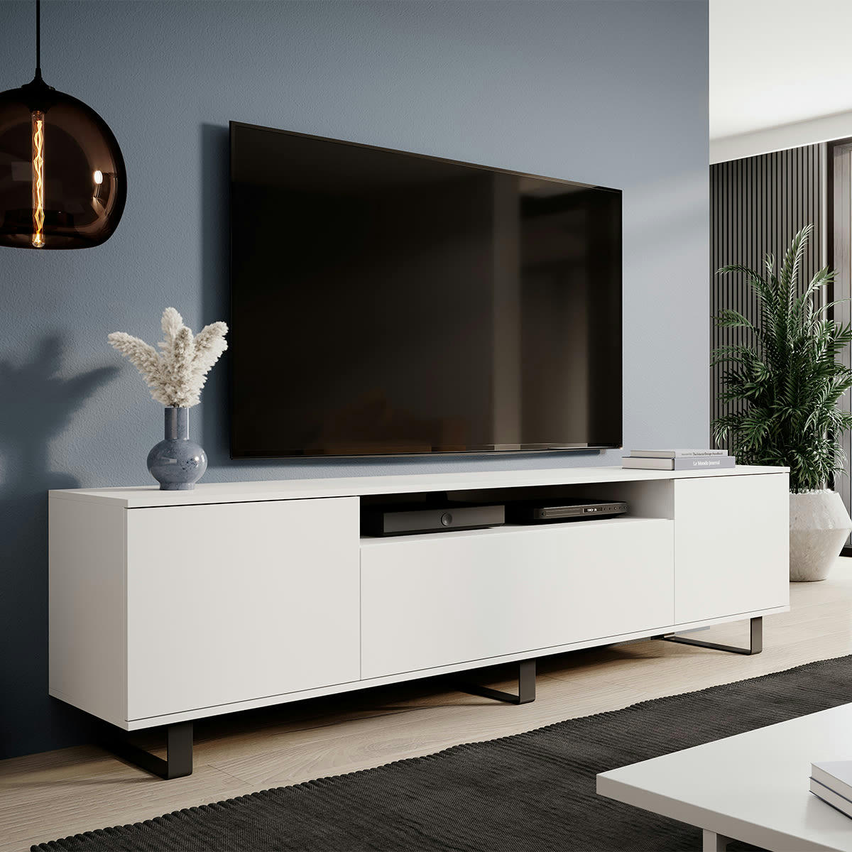 - Meuble TV 3 portes 180 cm stratifiés, métal blanc
