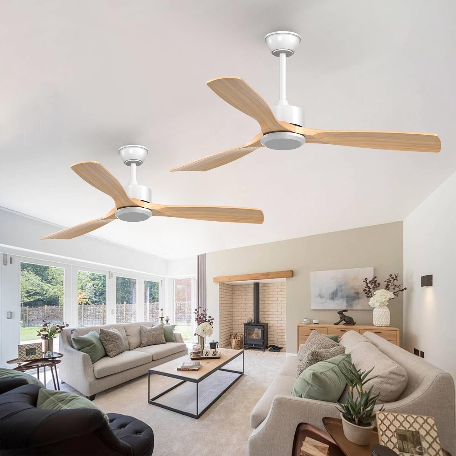 addlon 2 Pack 52 inch Ceiling Fan No Light, White Ceiling Fans with Remote Control, Reversible, 3 Wood Blades, 6 Speeds, Noiseless, Wood Ceiling Fan without Light for Indoor/Outdoor Use