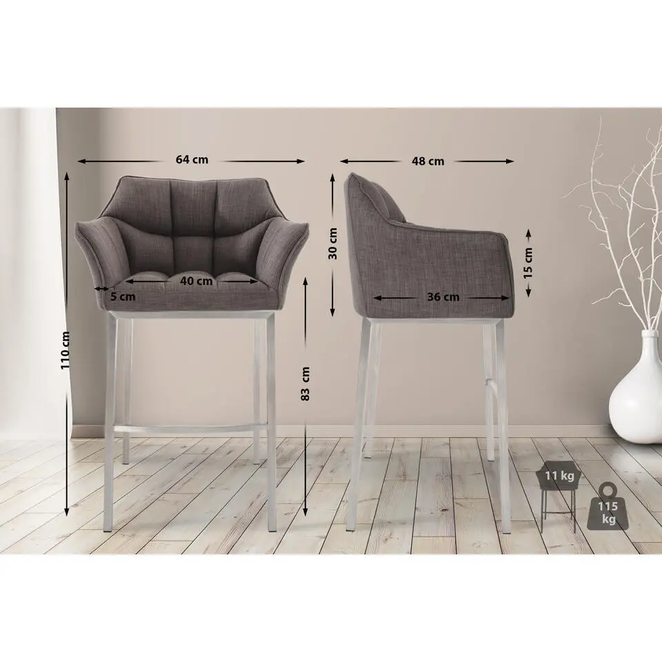 CLP Barkruk Damaso roestvrij staal Frame - Stof - grijs