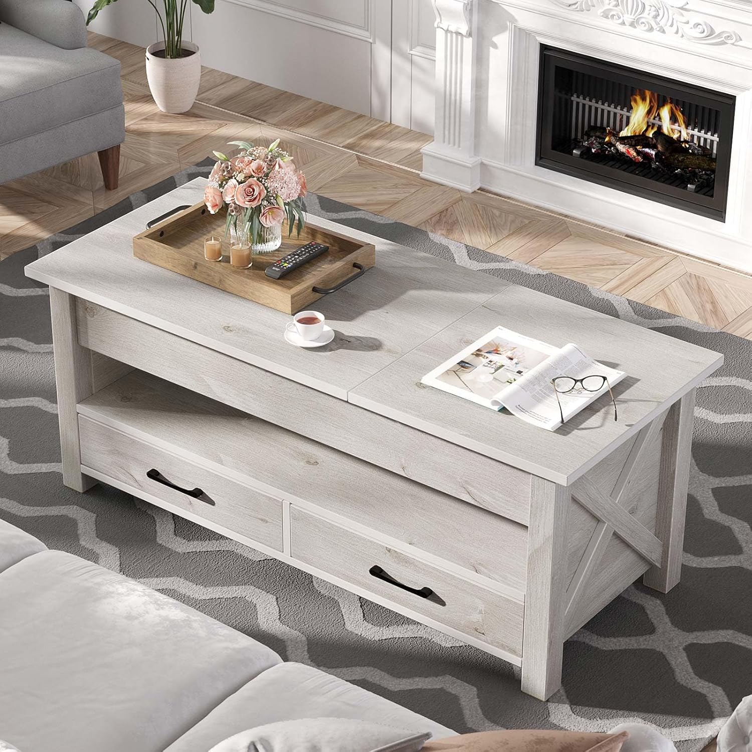 Seventable Coffee Table, 47.2 Lift Top Coffee Table with 2 Storage Drawers and Hidden Compartment, Retro Center Table with Wooden Lift Tabletop for Living Room, Gray