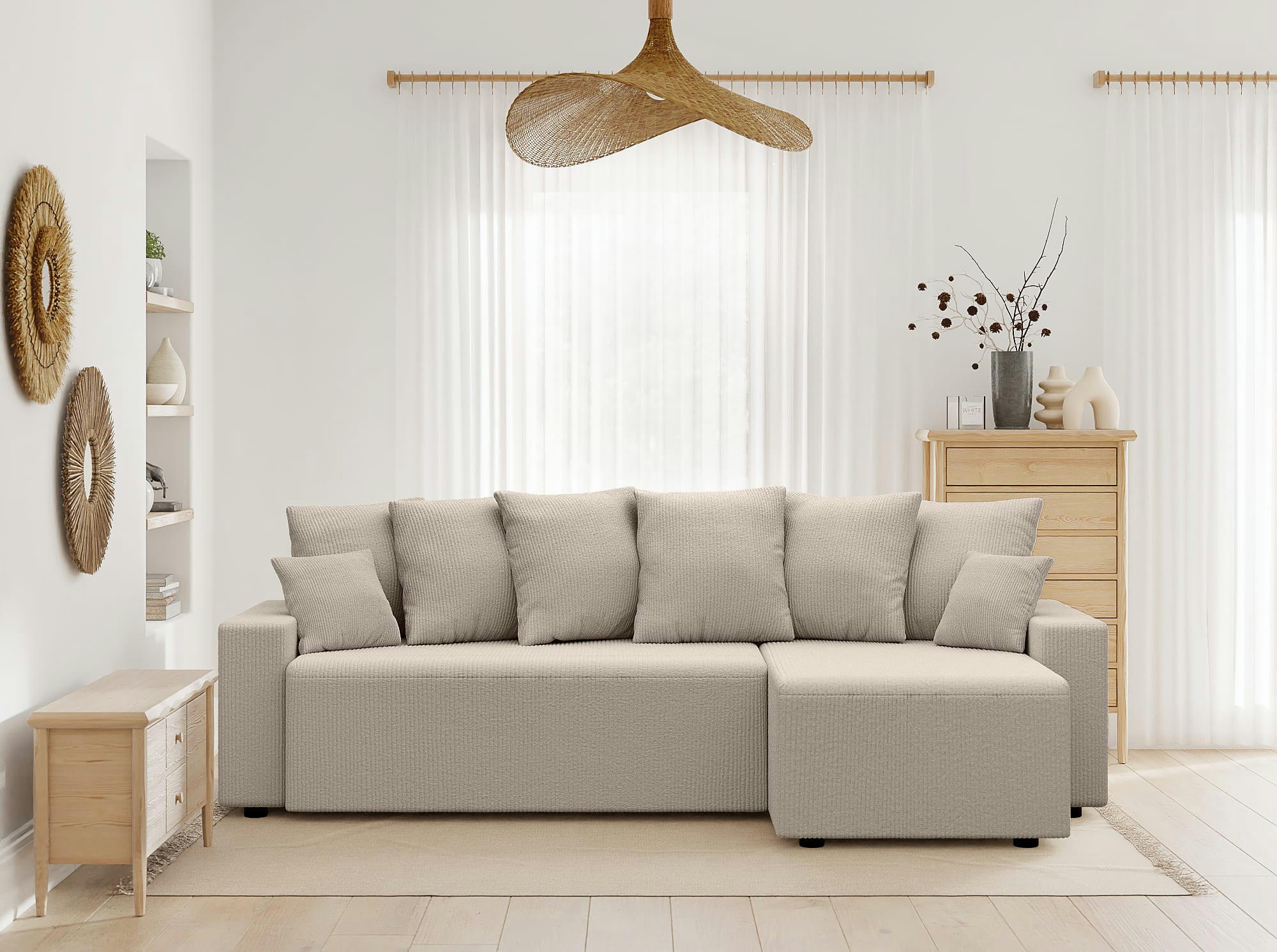 ALMA - Canapé d'angle convertible en velours côtelé 4 places grège