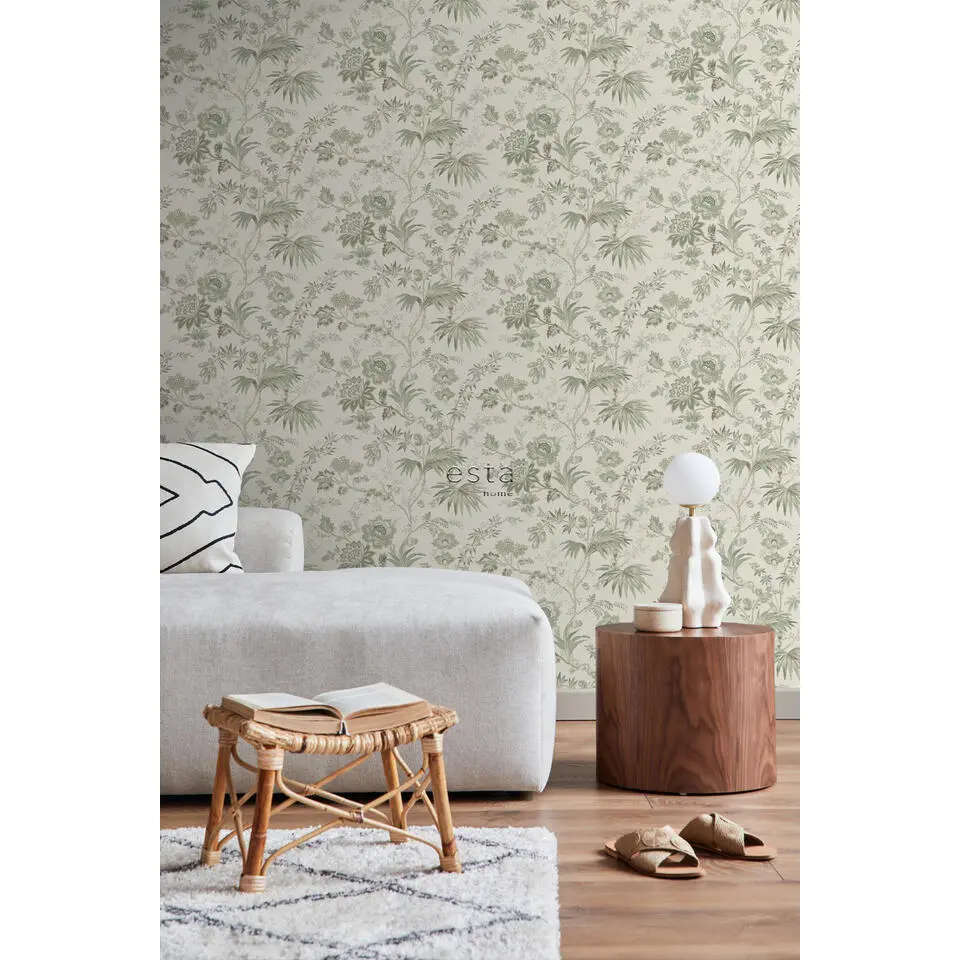 ESTAhome behang vintage bloemen cr&egrave;me en vergrijsd groen - 53 cm x 10.05 m