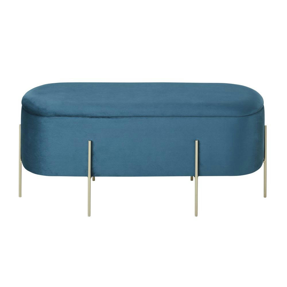 ALLISTER - Banquette coffre en velours bleu vert et métal doré