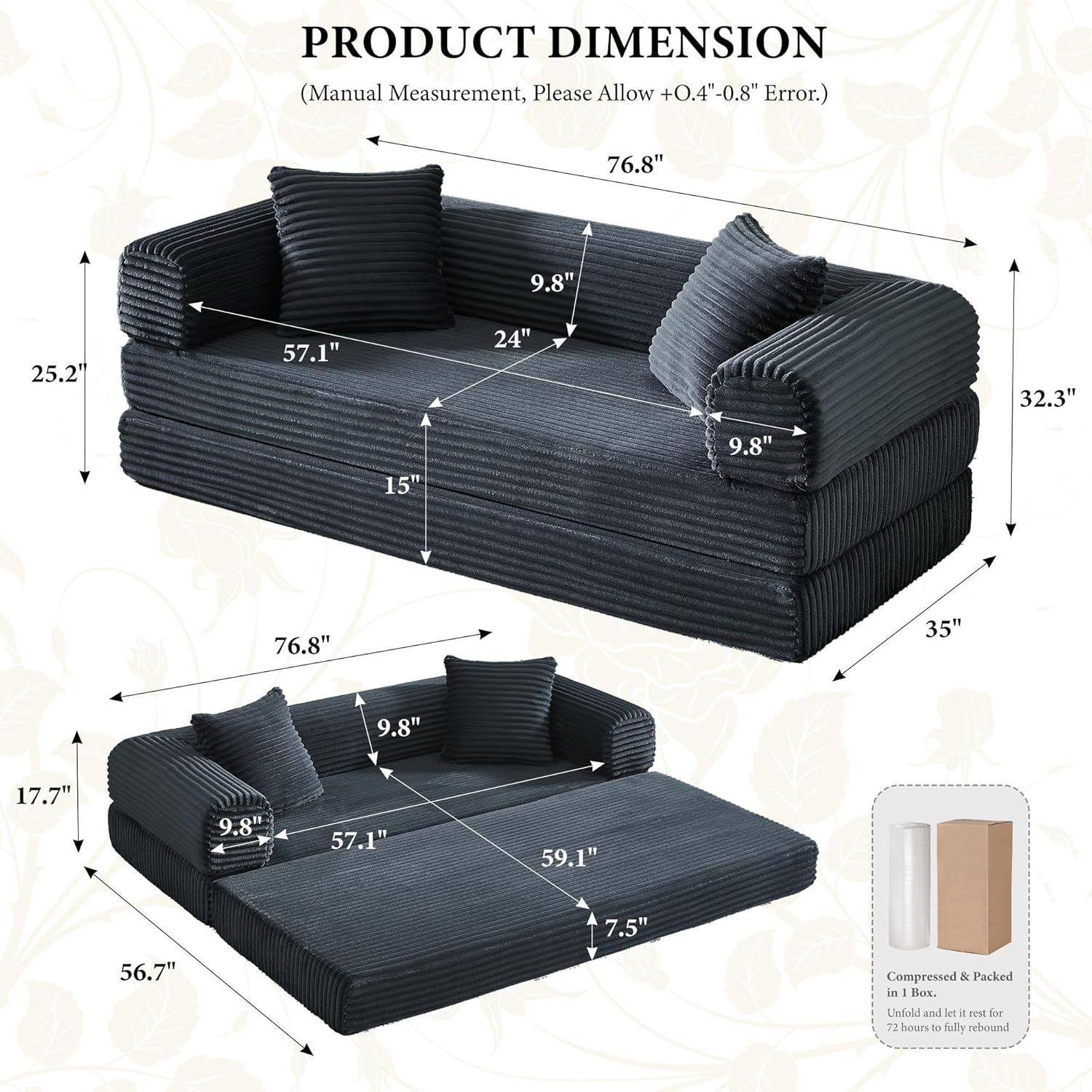 Boneless Couch Versatile Couches for Living Room No-Install Sofa Bed Corduroy Futon Soft Cloud Couch with Pillows for Bedroom Game Movie (Dark Gray, 76)