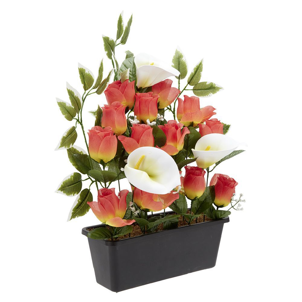Jardinière rose/arum 20 têtes blanc et orange