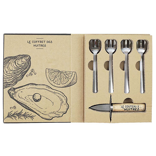 Coffret couteau à huitres et 4 fourchettes en acier inoxydable