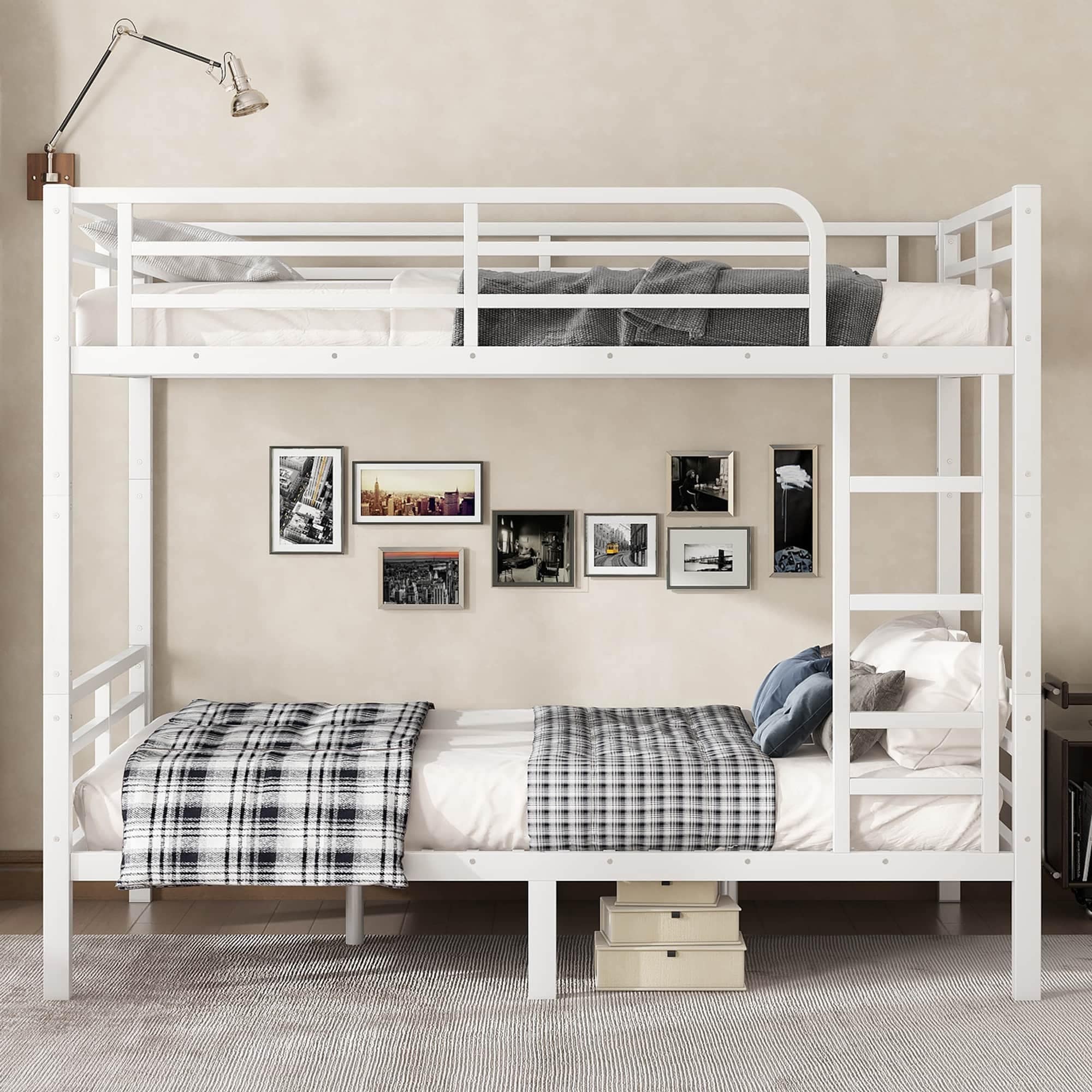White Metal Bunk Bed Frame for Teens and Adults with Metal Slats