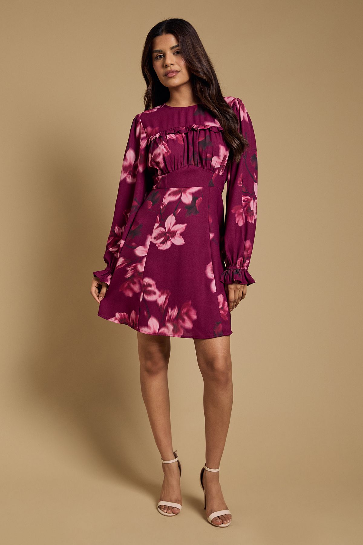 Dorothy Perkins Petite Gathered Bodice Lace Back Long Sleeve Mini Dress