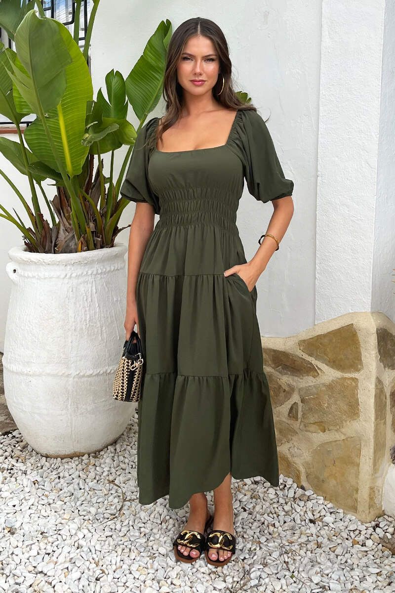 AX Paris Khaki Puff Sleeve Shirred Waist Smock Midi Dress