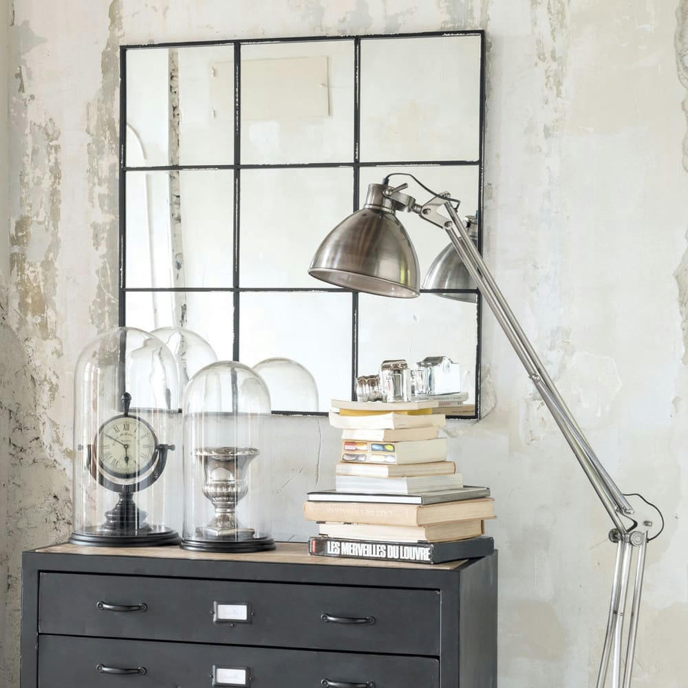 Tobias - Miroir fenêtre carrée industriel en métal noir 90x90