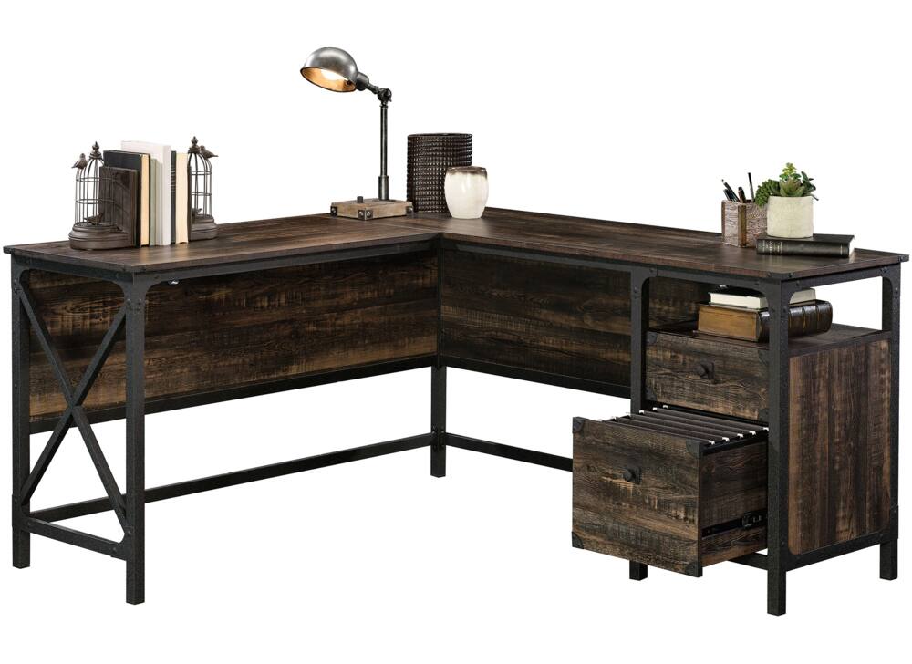 Sauder Steel River 2-Drawer Corner L-Shaped Home Office Computer Desk, Carbon Oak Finish