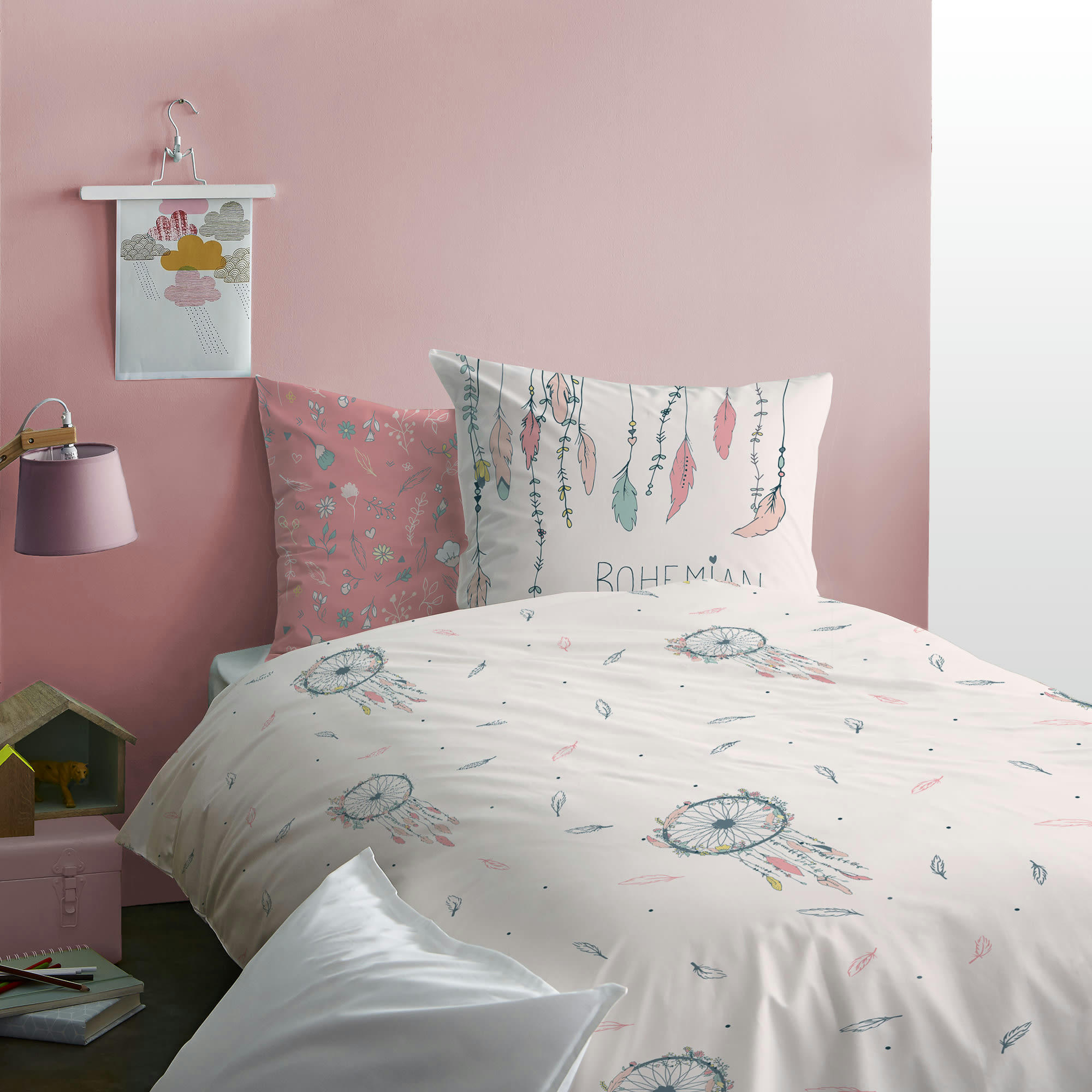 BOHEMIAN - Parure de lit imprimée en coton Rose 140x200+63x63cm