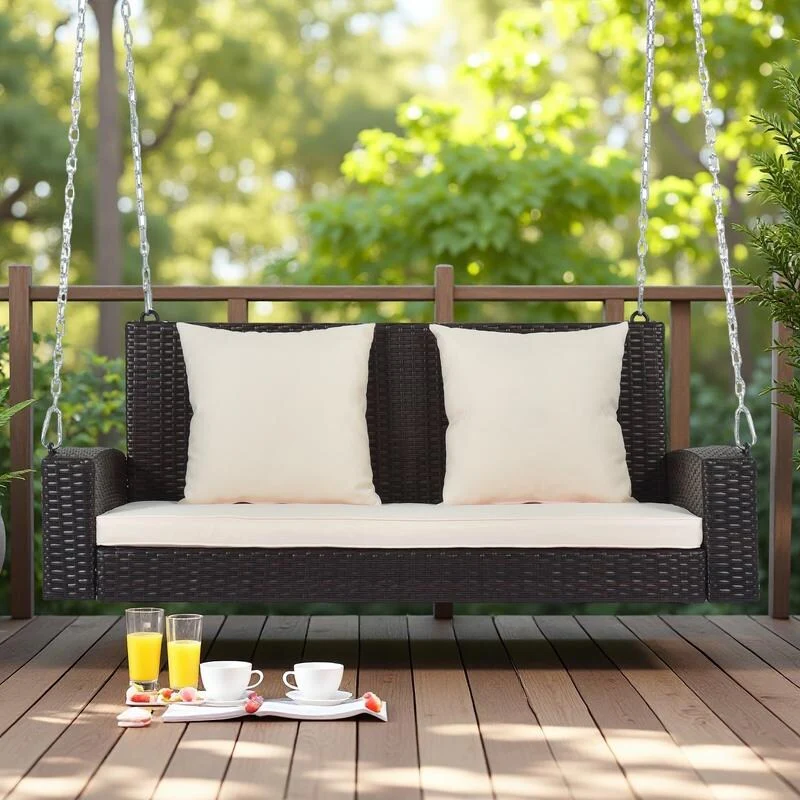 Wicker Porch Swing for 2 with Includes Cushion and Pillows, 500lb Capacity Rust-Proof Chains