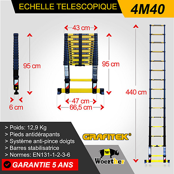 Echelle télescopique Woerther 4m40 avec barre stabilisatrice plus patins Highblock