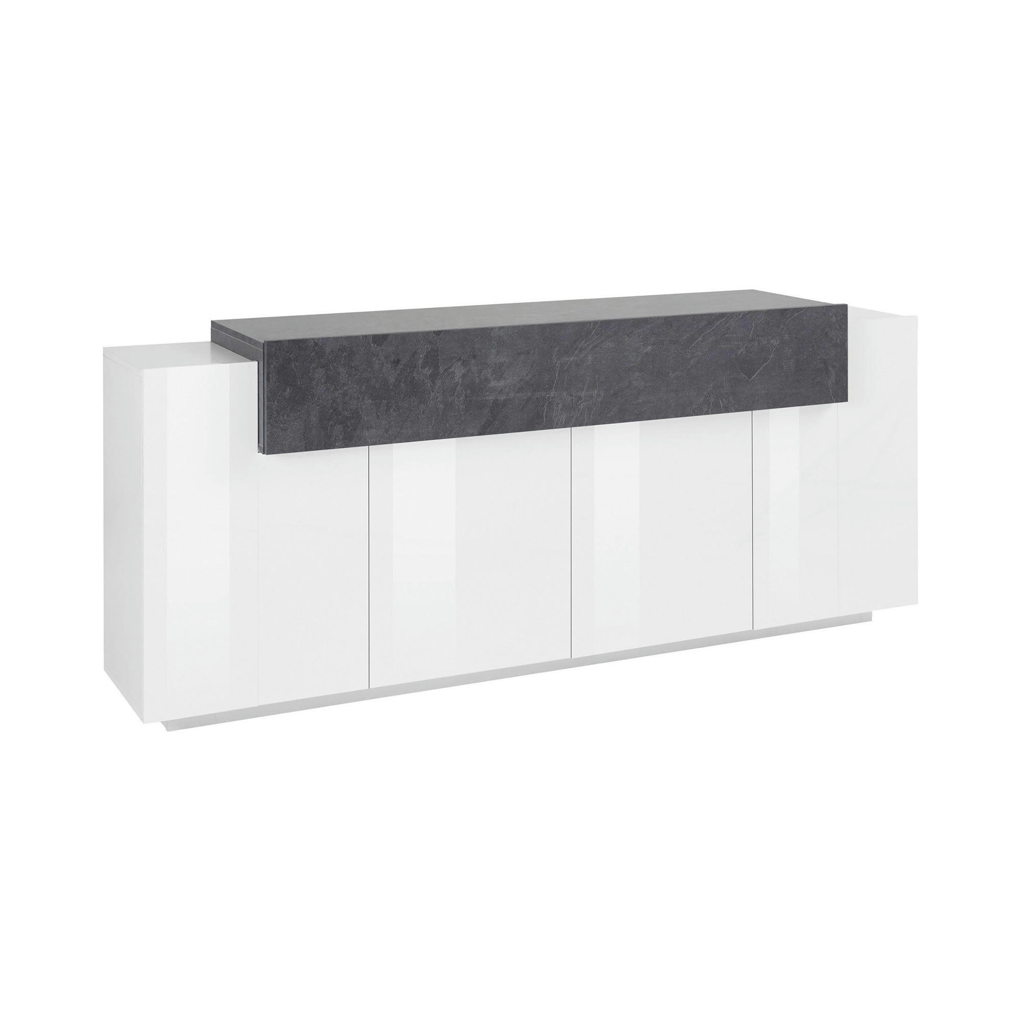 DGERL - Buffet 5 portes effet bois en blanc brillant et gris cendre