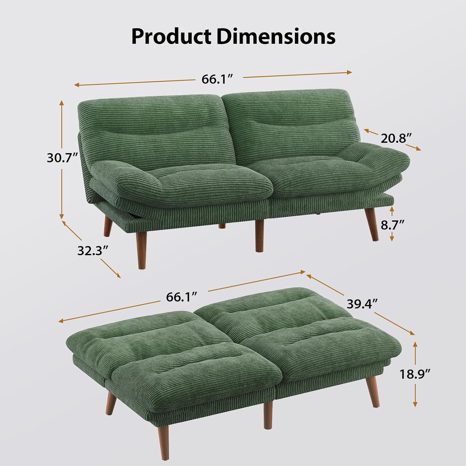 Pipishell Futon Sofa Bed, 66 Inch Corduroy Futon Couch Convertible with Adjustable Backrest and Armrests, Recliner Sleeper Sofa for Small Spaces, Living Room, Office, Guest Room (Green, 66 Inch)