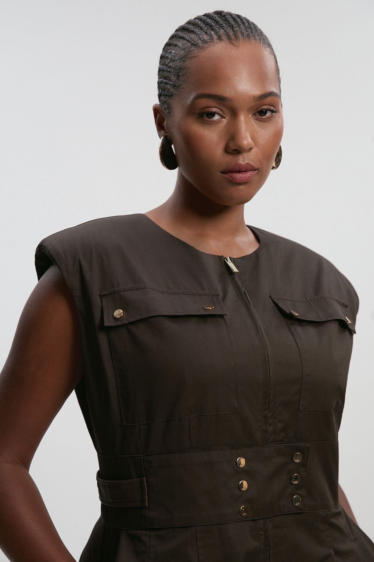 KarenMillen Plus Size Cotton & Faux Leather Tab Utility Jumpsuit