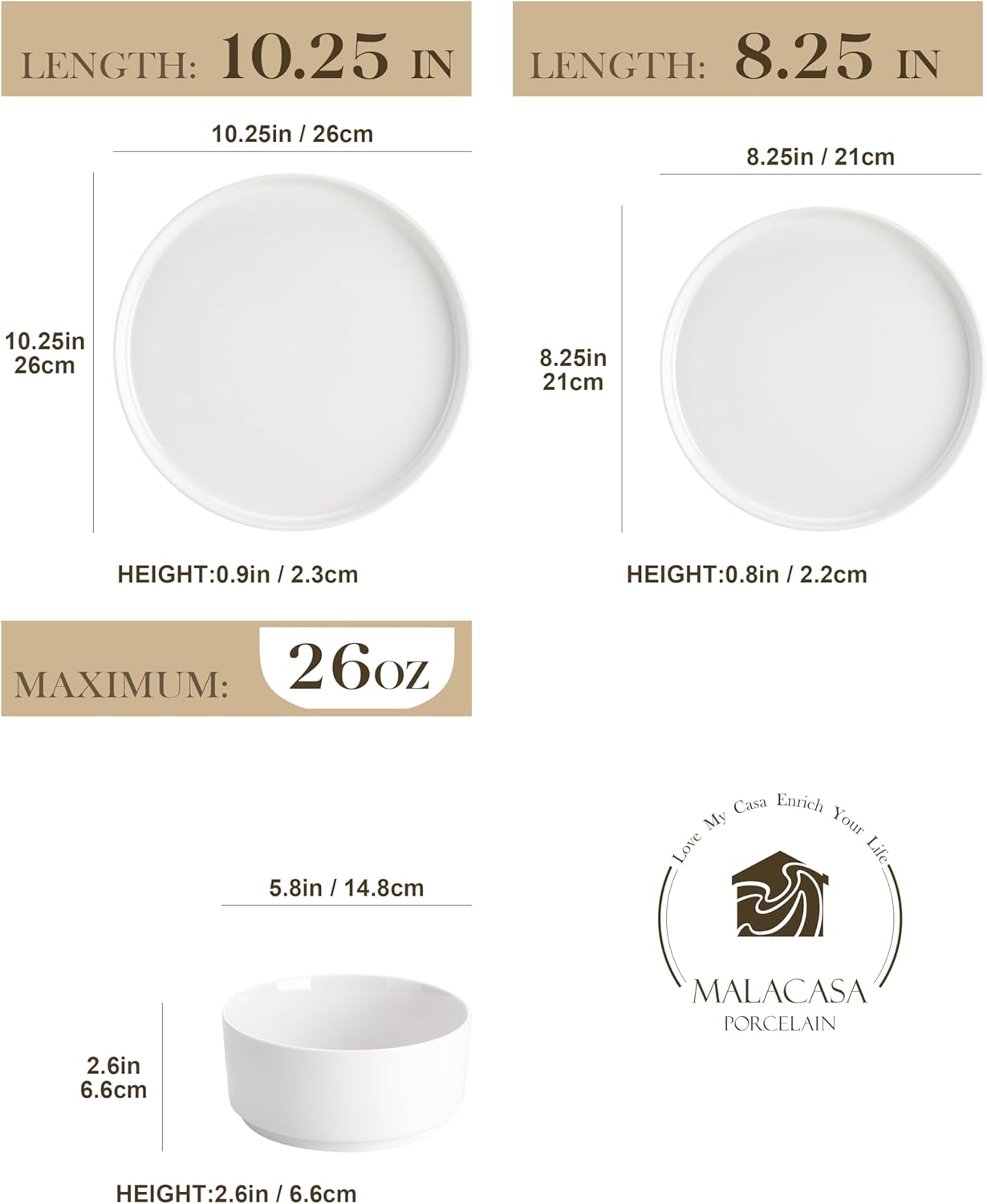 MALACASA 24 Pieces Porcelain Dinnerware Set, Modern White Dish Set for 8, Premium Serving Plates and Bowls Sets, Chip and Scratch Resistant Dishware Sets Kitchen Dishes Dining Ware Set, Series LEAH