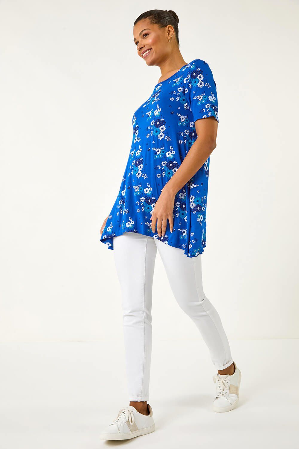 Roman Floral Print Hanky Hem Tunic Top
