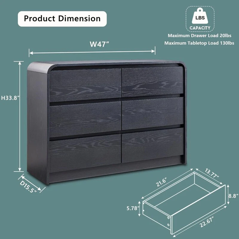 Modern 6-Tier Wooden Drawer Dresser, 47-Inch Tall with Curved Profile Design
