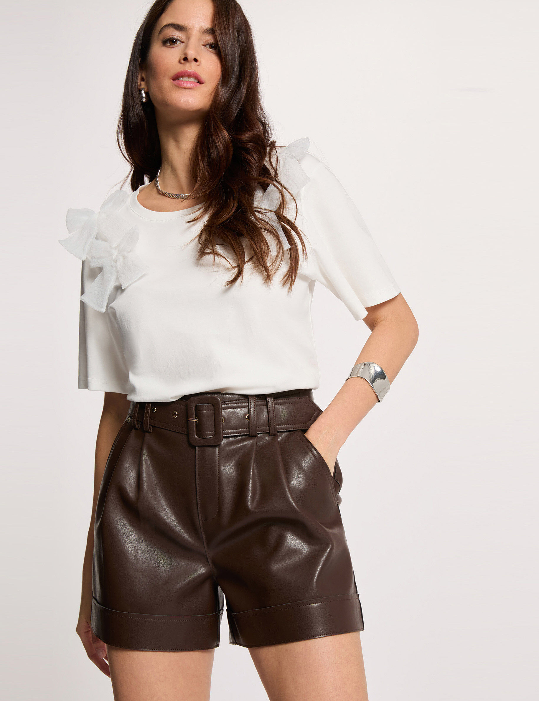 Faux Leather Fitted Shorts Brown Women
