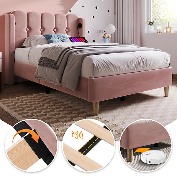 Lit Simple 90 x 200 Cm - Lit Adult avec Chargement USB Type-C - Velours, MDF, Métal - Sans Matelas - Rose