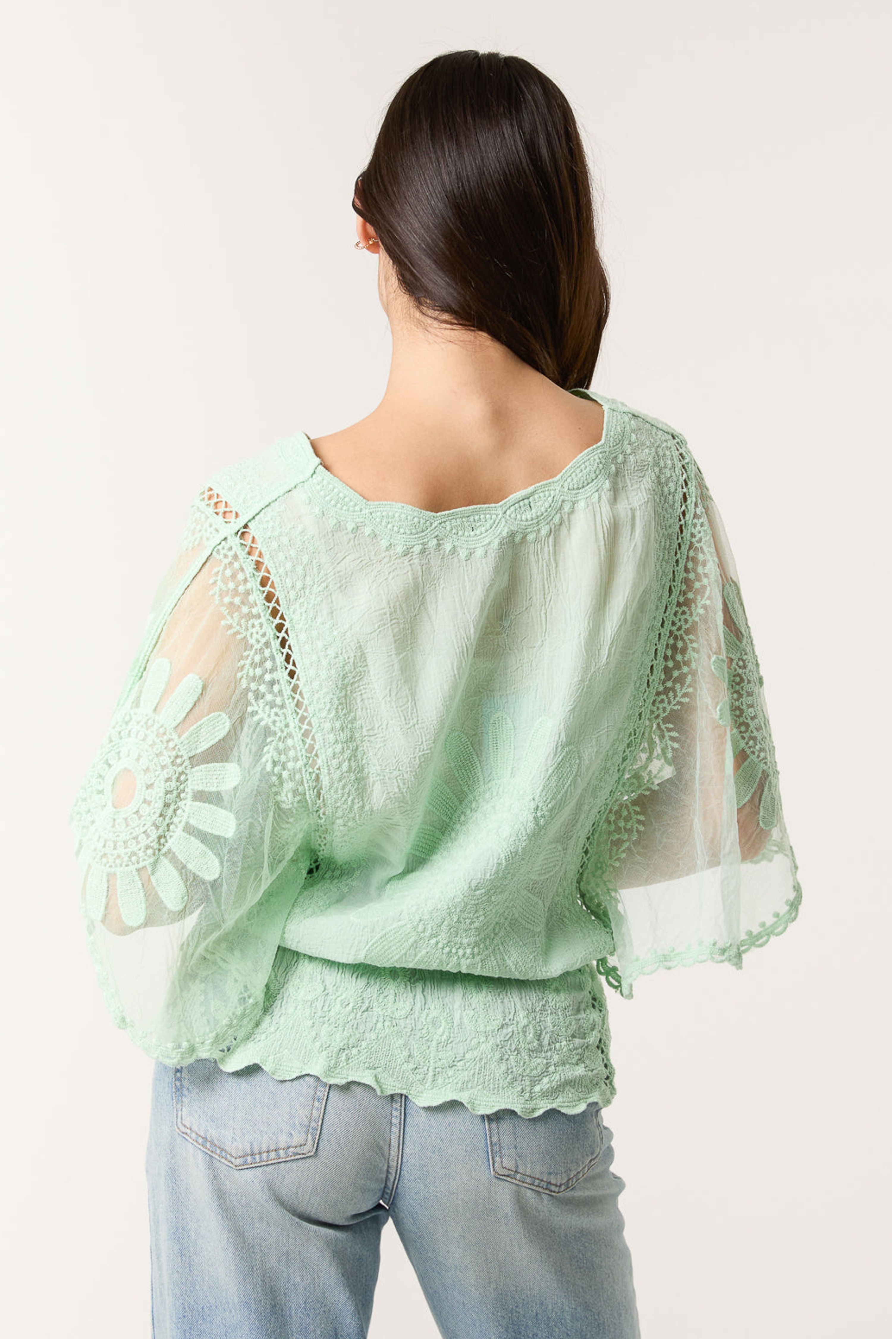 Blue Vanilla Pale Green Sun Flower Lace Sleeve Blouse