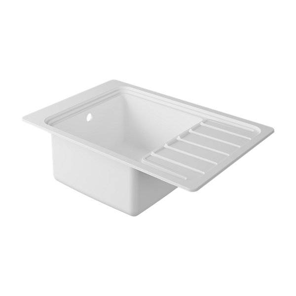 évier de cuisine 1 cuve et 1 égouttoir en composite de quartz blanc mat avec accessoires Romesco GoodHome
