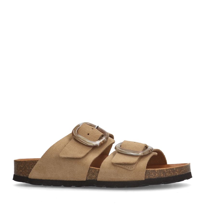 Manfield Beige suède slippers met gesp